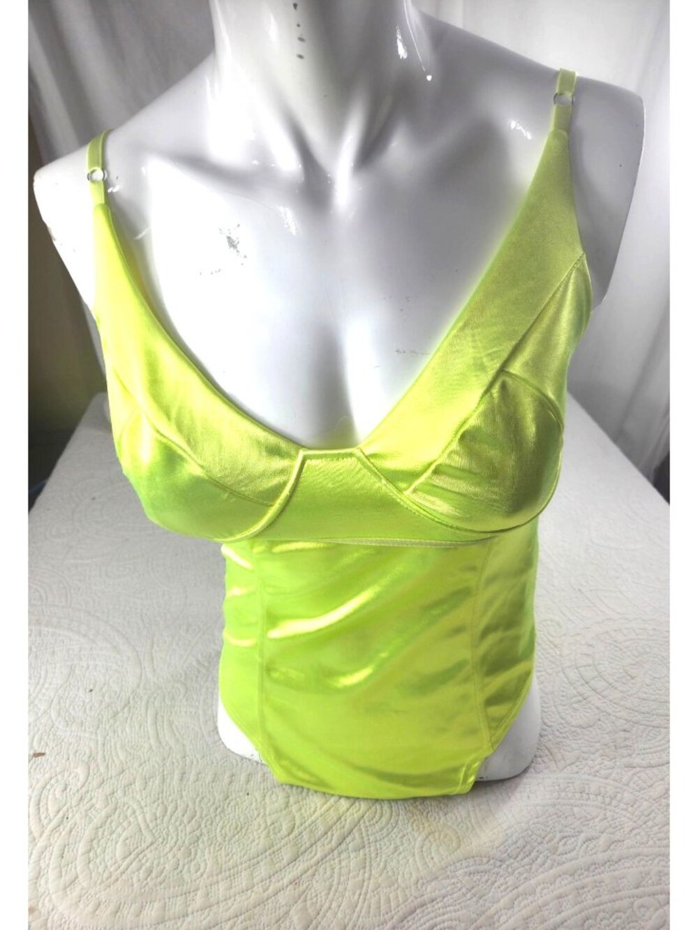Neon Yellow Satin Bodysuit*Snap Closure*Halloween*Cosplay*Femboy*Sissy*XL*EUC
